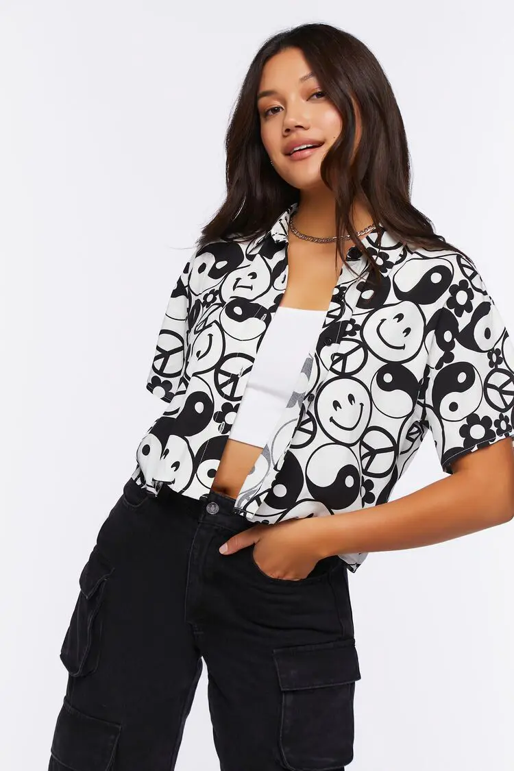 Forever 21 Forever 21 Yin Yang &amp; Peace Print Shirt Cream/Black. 1