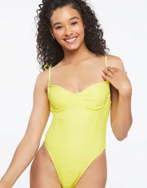 Forever 21 Tie Strap Eyelet One Piece Swimsuit Citron