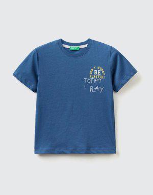 Erkek Çocuk Saks Mavi Renkli Slogan Baskılı T Shirt