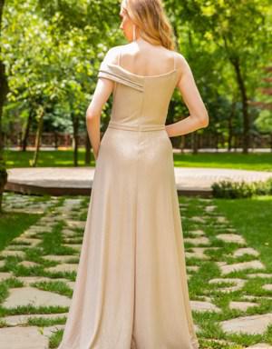 Deniz Butik Tek Göğüs Volanlı Abiye - GOLD. 3 Deniz Butik Tek Göğüs Volanlı Abiye - GOLD. 3