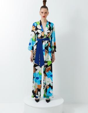 Black Kimono Suit With Comfortable Cut Trousers With Colorful Floral Pattern