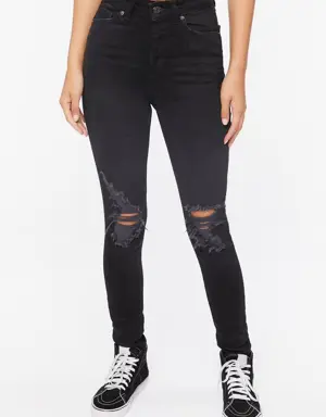 Forever 21 Recycled Cotton High Rise Distressed Jeans Washed Black