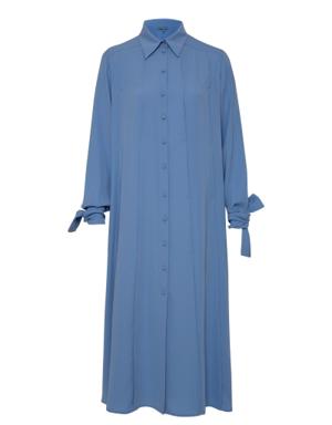 Tie Cuff Detail Long Shirt Blue Dress