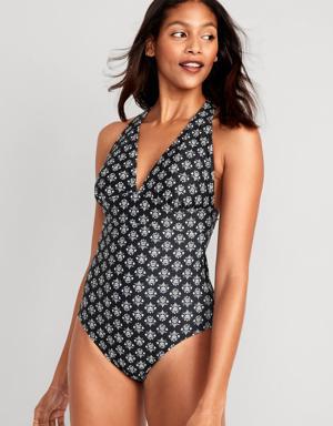 Matching V-Neck One-Piece Swimsuit for Women black