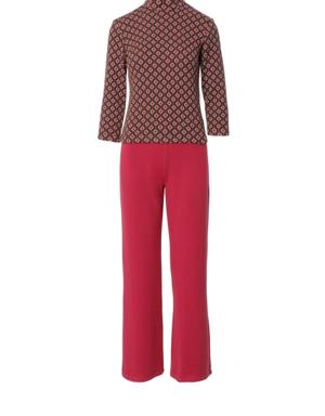 Contrast Patterned Stand Up Collar Three Quarter Sleeve Casual Cut Trousers Pink Knitwear Suit