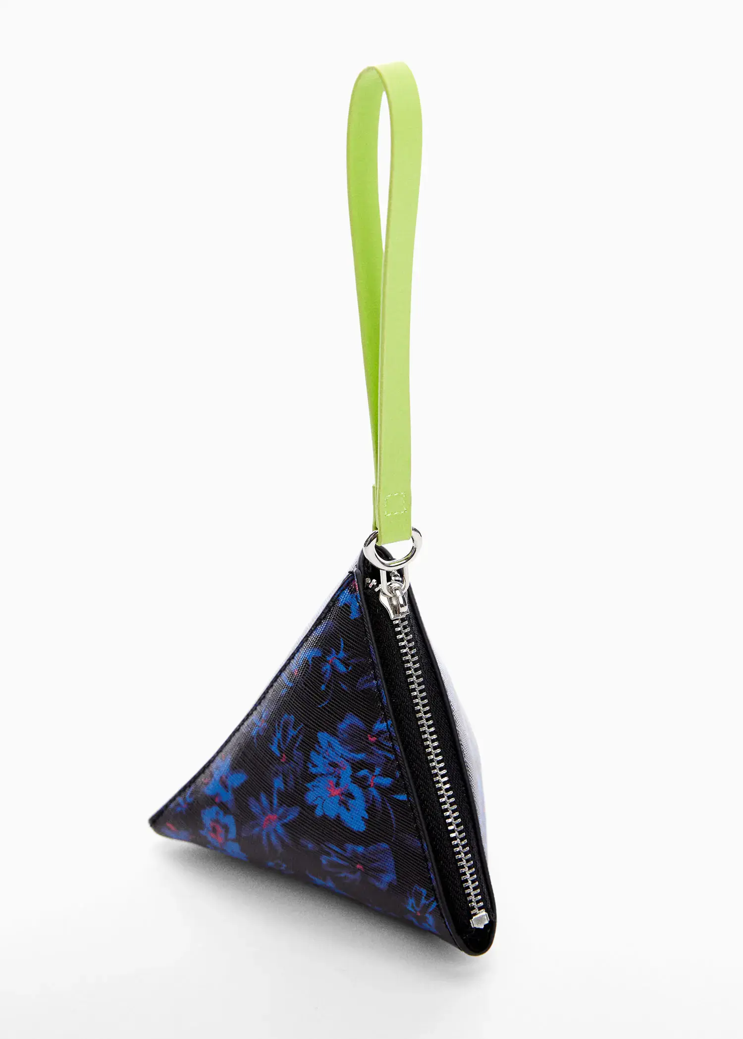 Mango Saffiano triangular coin purse. a black and blue triangle purse with a neon green strap. 