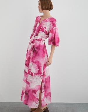 Floral Pink Dress With Halterneck Lace-up Sleeve Detail Belt