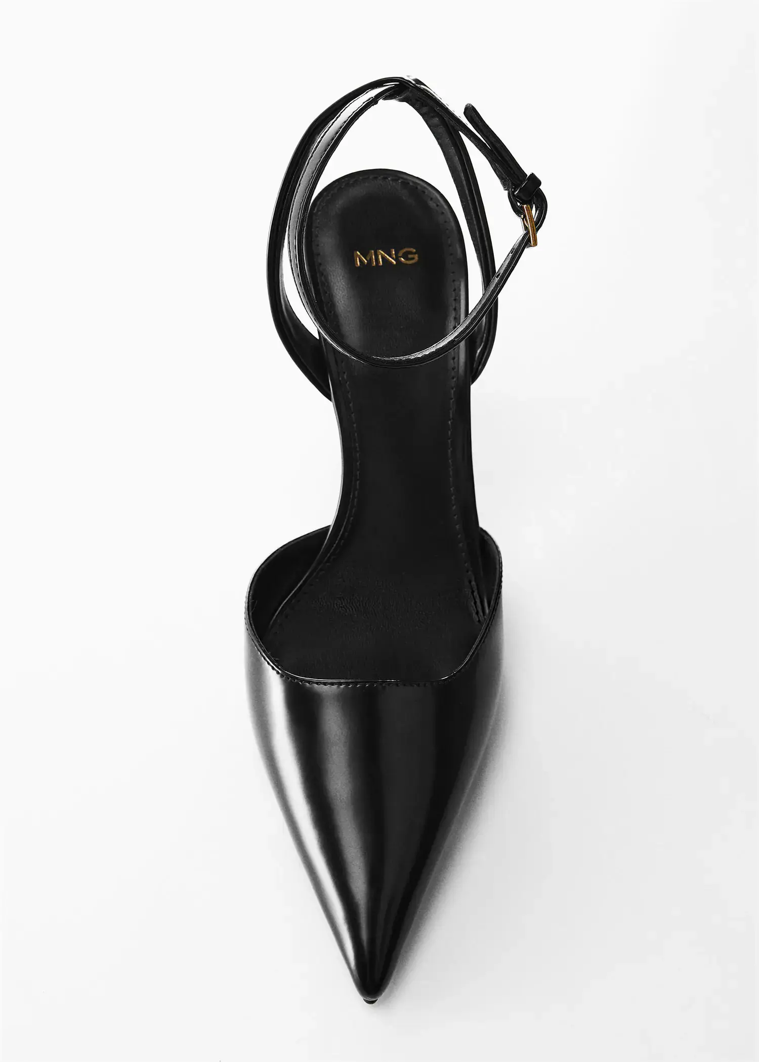 Mango High-heeled shoes. a pair of black high heels on a white surface. 