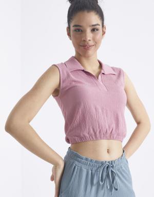 Gül Kurusu Polo Yaka Beli Lastikli Bürümcük Kumaş Kadın Crop Top T-Shirt - 97223