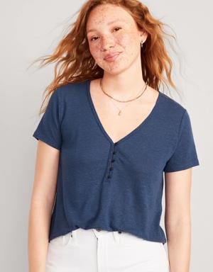 Old Navy Linen-Blend V-Neck Henley T-Shirt for Women blue