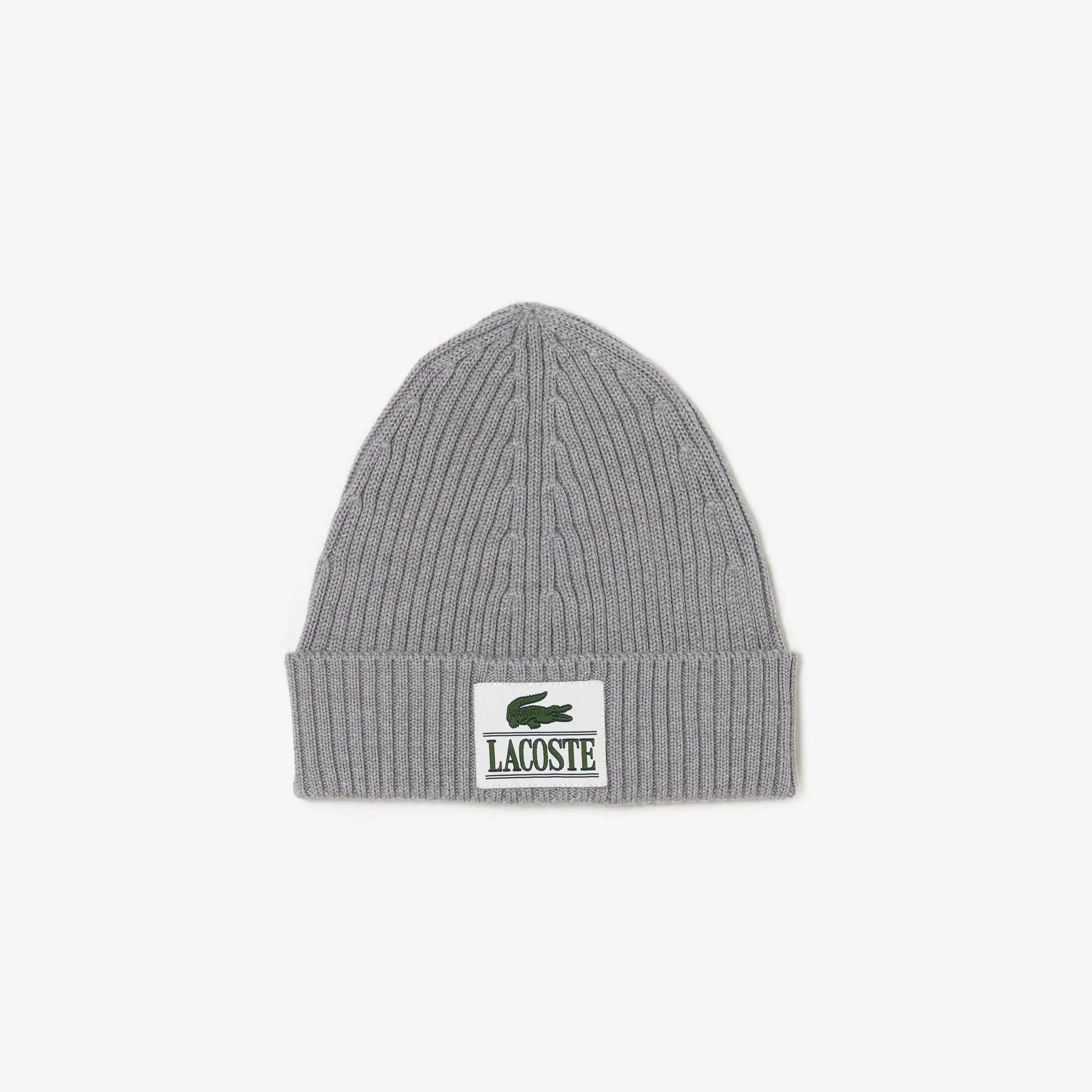 Lacoste Ribbed Wool Woven Patch Beanie. 1