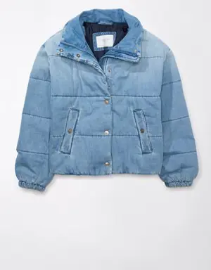 Denim Cropped Bomber Puffer Jacket