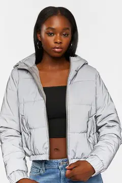 Forever 21 Forever 21 Reflective Hooded Puffer Jacket Silver. 2