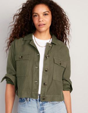 Linen-Blend Cropped Utility Jacket for Women green