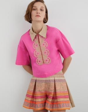 Pink Cotton Shirt With Embroidery Detail Front Zipper