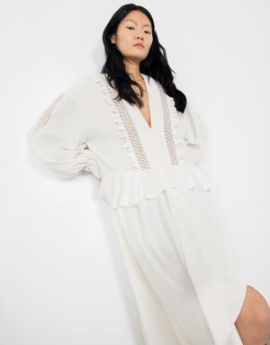 Embroidered Pleated Ecru Dress With Collar Detail