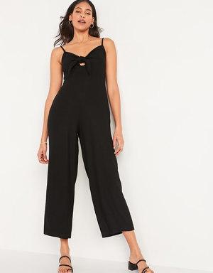 Cropped Knotted Cutout Smocked Linen-Blend Wide-Leg Jumpsuit for Women