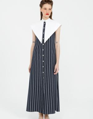 Long Striped Navy Blue Stretch Dress With Wide Neckline Detail
