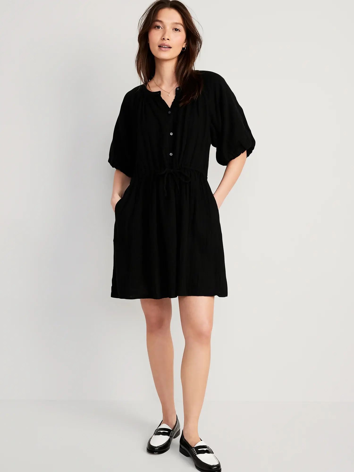 Old Navy Waist-Defined Puff-Sleeve Mini Poet Dress for Women black. 1