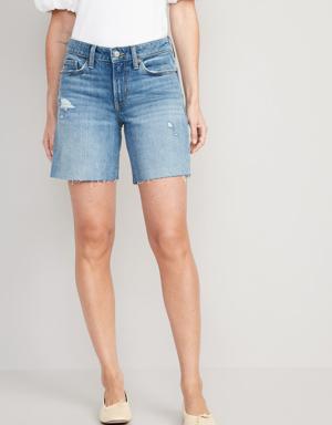 Mid-Rise OG Loose Ripped Cut-Off Jean Shorts for Women -- 7-inch inseam blue