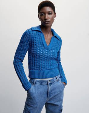 Openwork knitted polo-neck sweater