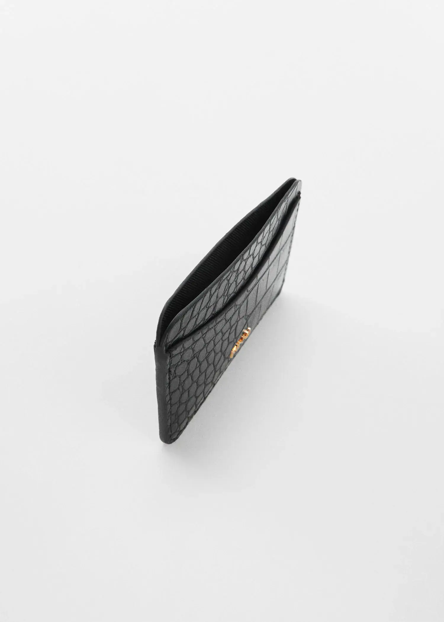 Mango Animal print effect card holder. a close-up of a black wallet on a white surface. 