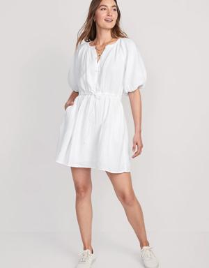 Old Navy Waist-Defined Puff-Sleeve Mini Poet Dress for Women white