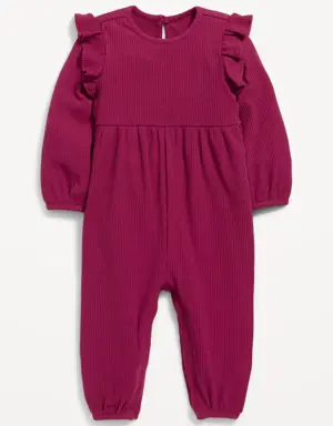 Long-Sleeve Rib-Knit Ruffle-Trim Jumpsuit for Baby red