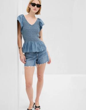 Ruffle Sleeve Denim Peplum Top with Washwell blue