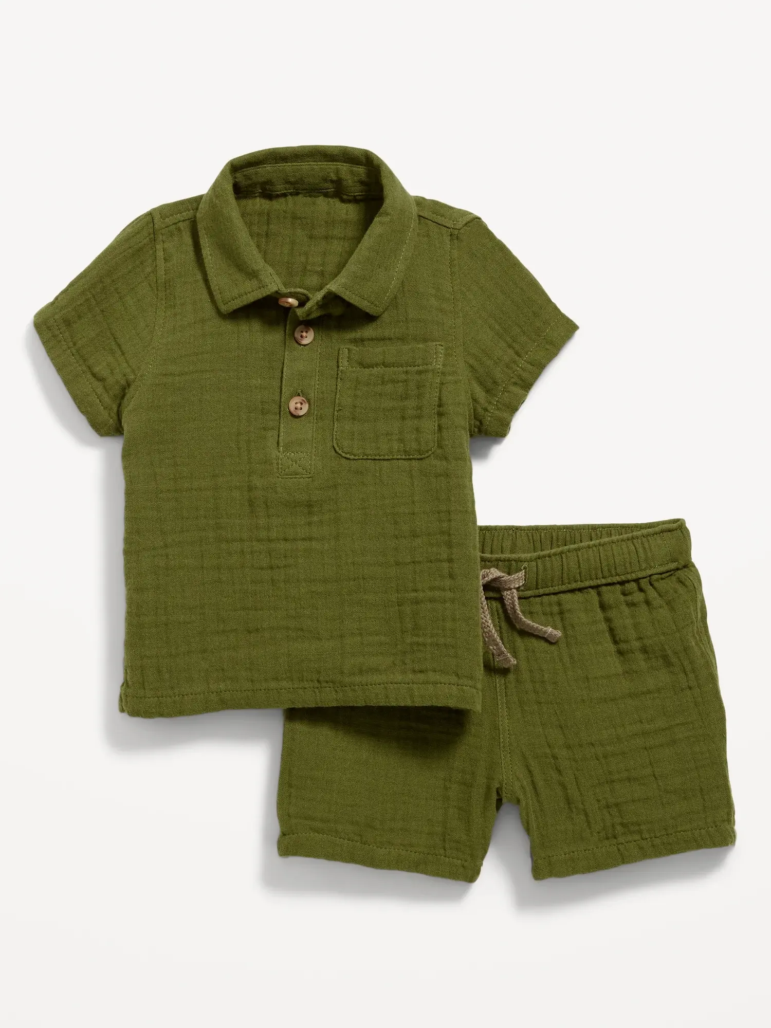 Old Navy Unisex Textured Double-Weave Shirt & Shorts Set for Baby green. 1
