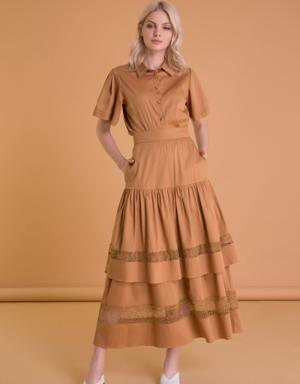 Ruffle Brown Pocket Long Poplin Skirt