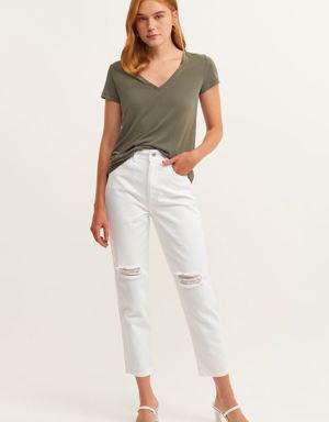 Beyaz Cut-Out Detaylı Mom-Fit Pantolon ( TENCEL™ )
