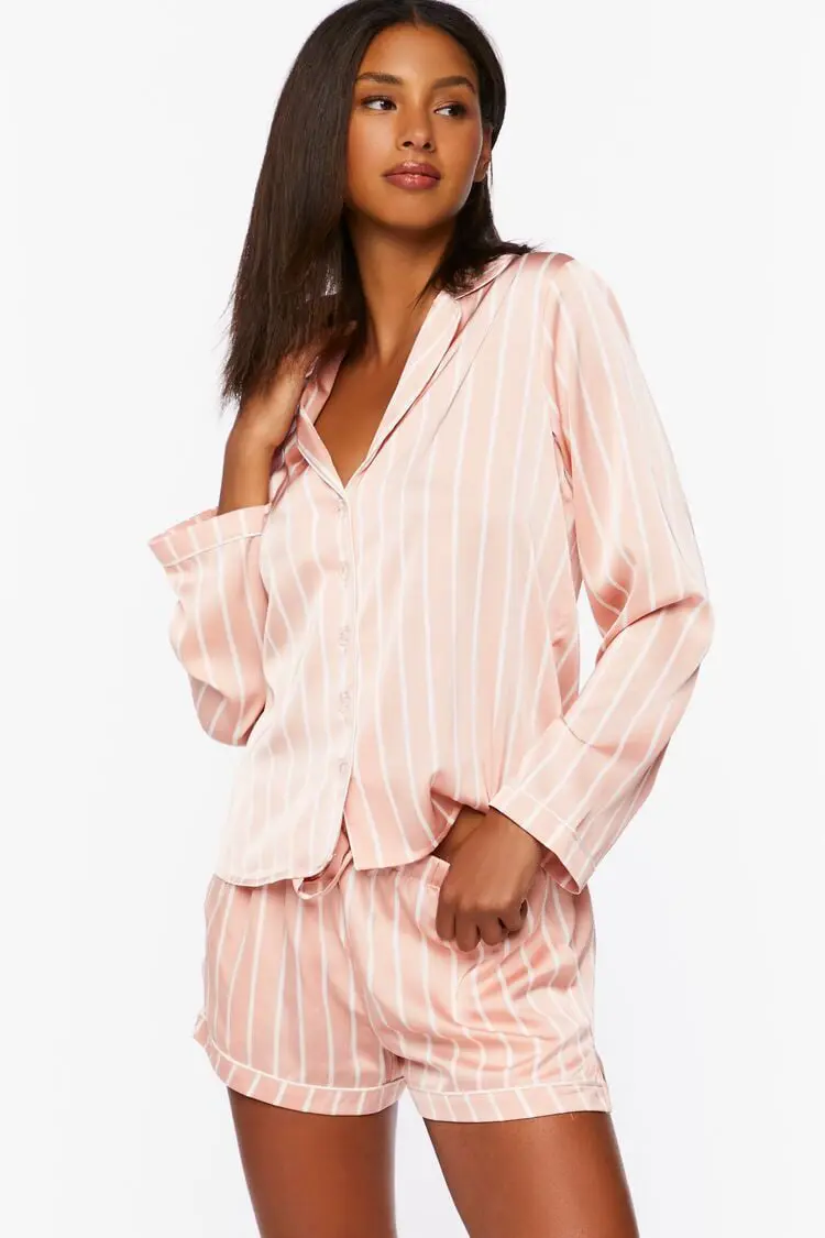 Forever 21 Forever 21 Satin Pinstripe Shirt &amp; Shorts Pajama Set Blush/White. 1