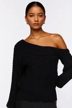 Forever 21 Forever 21 One Shoulder Cable Knit Sweater Black. 2