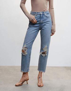 Gerade Jeans mit hohem Bund und Zierrissen