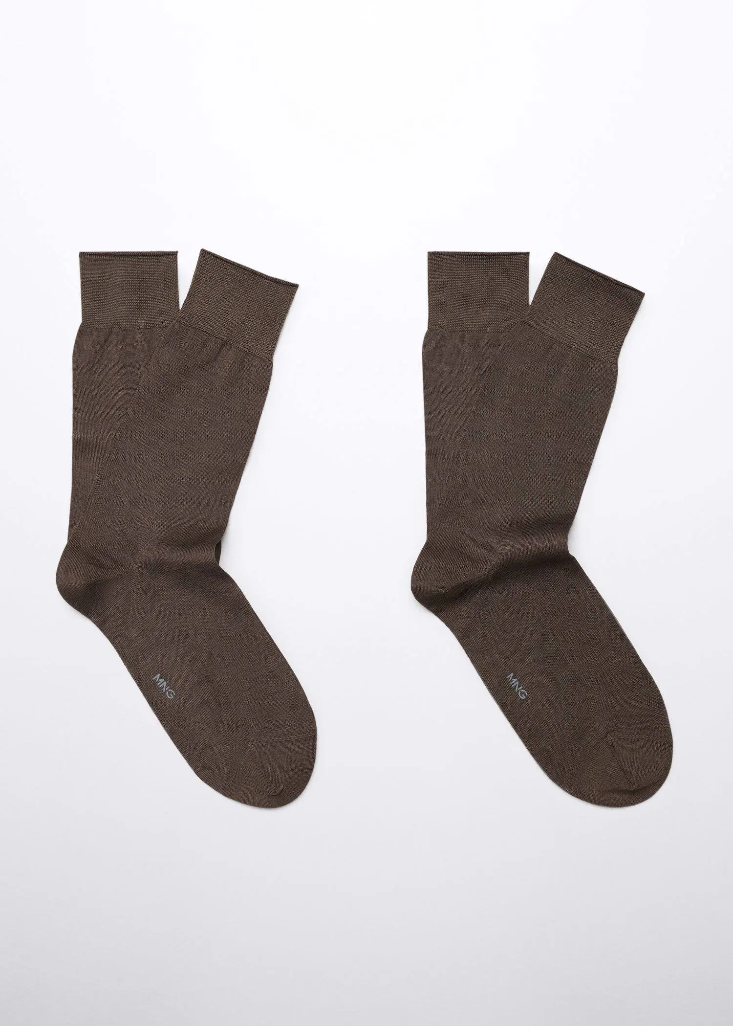 Mango 100% plain cotton socks. two pairs of brown socks on a white background. 