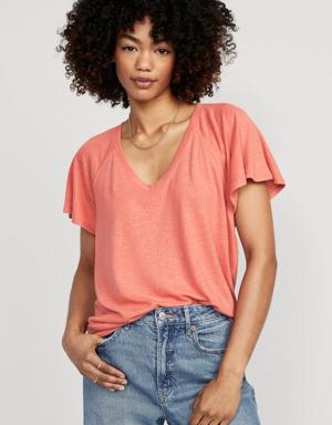 Oversized V-Neck Linen-Blend Tunic T-Shirt for Women pink