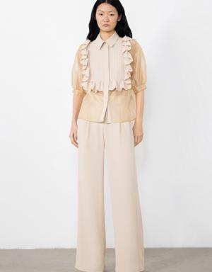 Beige Trousers with Pleated Ribbed Fronts