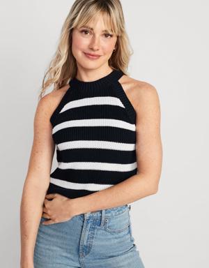 Sleeveless Striped Shaker-Stitch Cropped Sweater for Women blue