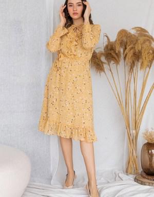 Mini Çiçekli Şifon Elbise - SARI