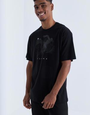 Siyah Baskı Detaylı O Yaka Erkek Oversize T-Shirt - 88093