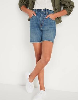 High-Waisted Slouchy Straight Frayed-Hem Jean Midi Shorts for Girls blue