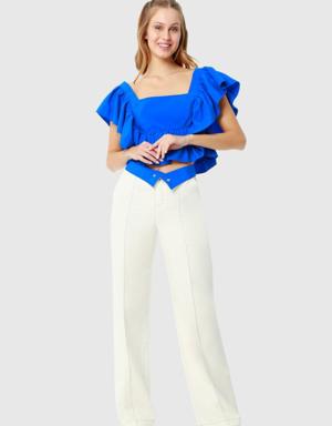 Wide Leg Comfortable Ecru Trousers With Contrast Stitching