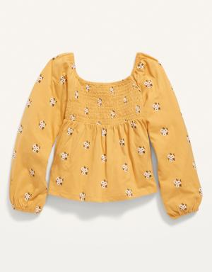 Smocked Floral-Print Jersey Long-Sleeve Top for Girls yellow