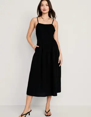 Waist-Defined Smocked Tiered Midi Cami Dress for Women black