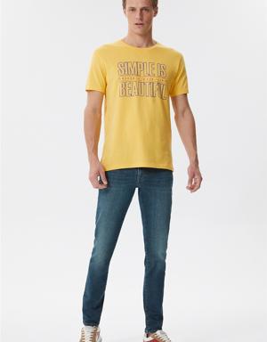Simple Erkek Bisiklet Yaka T-Shirt Limon Sarı