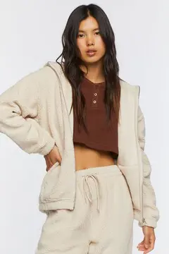Forever 21 Forever 21 Faux Shearling Zip Up Hoodie Cream. 2