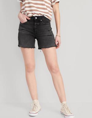 High-Waisted Button-Fly O.G. Straight Ripped Side-Slit Jean Shorts for Women -- 5-inch inseam black