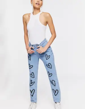 Forever 21 Heart Graphic High Rise Jeans Medium Denim/Black