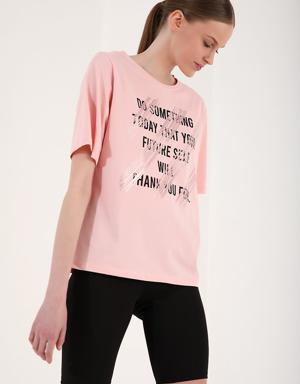 Pembe Deforme Yazı Baskılı O Yaka Kadın Oversize T-Shirt - 97133